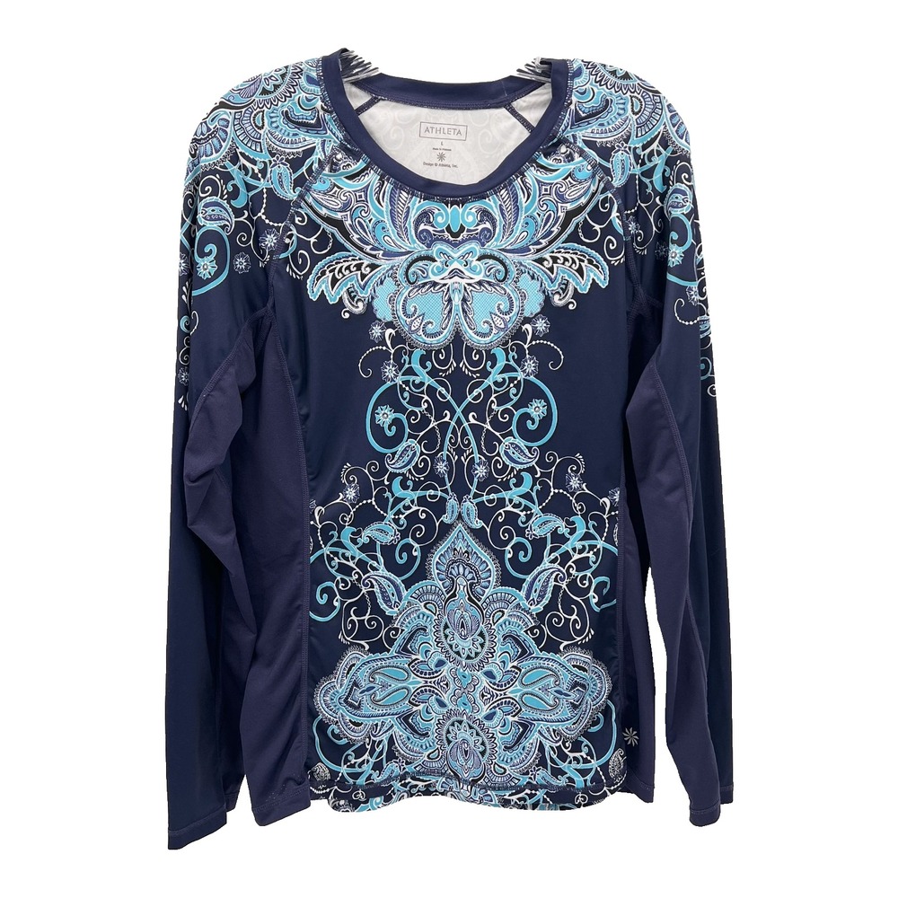 ATHLETA Women's L Navy/Turquoise Runaway Paisley Long-Sleeve Performance Shirt